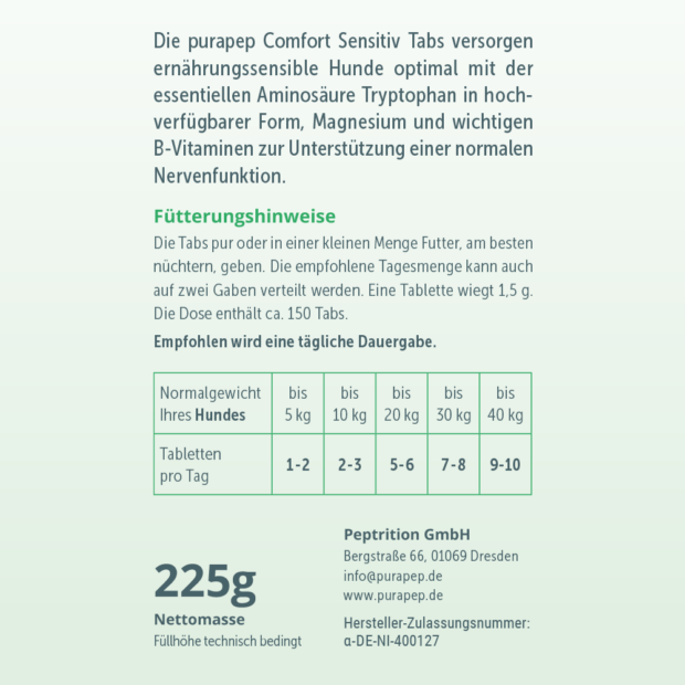 purapep Comfort Sensitiv Tabs, Rückseite hellgrünes Etikett, Fütterungshinweise und Dosierung