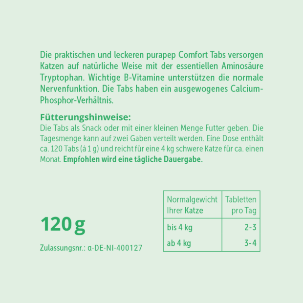 purapep Comfort Tabs Katzen, Rückseite hellgrünes Etikett, Dosierung und Fütterungshinweise