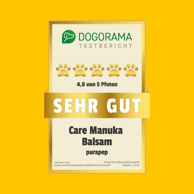 Dogorama- Siegel für purapep Care Manuka Balsam vor gelbem Hintergrund