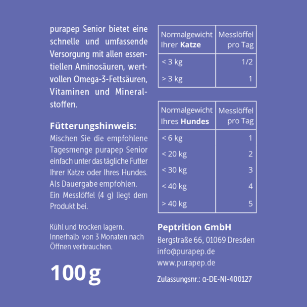 purapep Senior, Rückseite lila Etikett, Fütterungshinweise und Dosierung